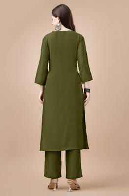  olive green chinon silk solid kurta with pant 2