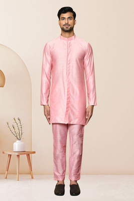 Pink art dupion silk kurta pajama for men's 1