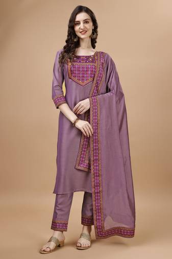  mauve chinon silk gota patti abstract print kurta with pant & dupatta