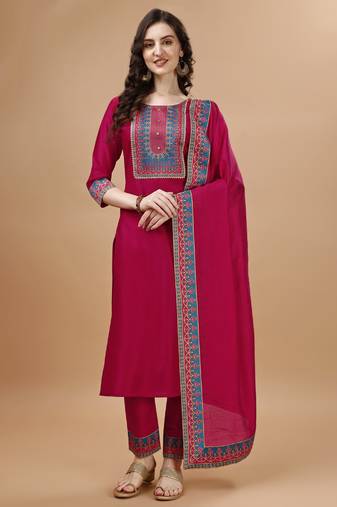  fuchsia pink chinon silk beads & stones ethnic motifs kurta with pant & dupatta