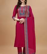  fuchsia pink chinon silk beads & stones ethnic motifs kurta with pant & dupatta