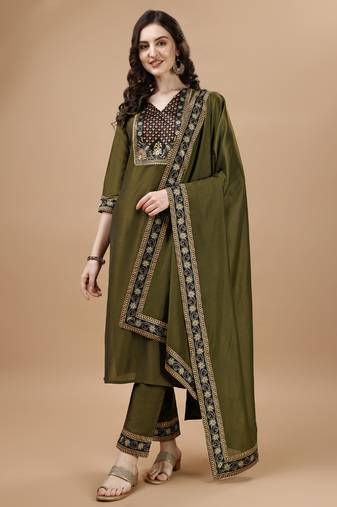  olive green chinon silk gota patti floral print kurta with pant & dupatta