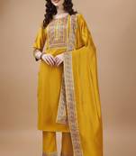  mustard chinon silk beads & stones floral print kurta with pant & dupatta