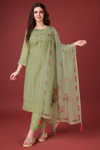  green chanderi silk bored schiffli embroidered chikankari kurta with pant & dupatta