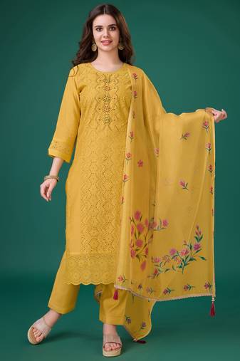  yellow chanderi silk bored schiffli embroidered chikankari kurta with pant & dupatta