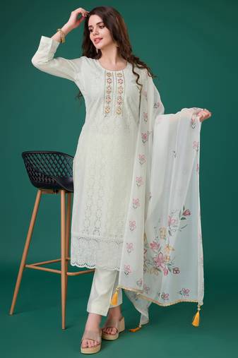  off-white chanderi silk bored schiffli embroidered chikankari kurta with pant & dupatta