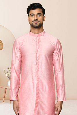 Pink art dupion silk kurta pajama for men's 2
