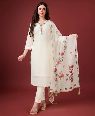  off-white chanderi silk bored schiffli embroidered chikankari kurta with pant & dupatta 1