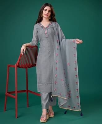  grey chanderi silk bored schiffli embroidered chikankari kurta with pant & dupatta 1