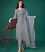  grey chanderi silk bored schiffli embroidered chikankari kurta with pant & dupatta