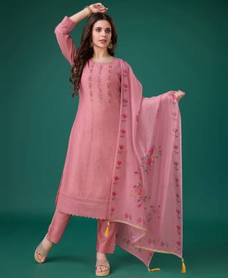  peach chanderi silk bored schiffli embroidered chikankari kurta with pant & dupatta 1