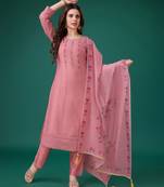  peach chanderi silk bored schiffli embroidered chikankari kurta with pant & dupatta