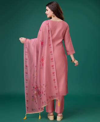  peach chanderi silk bored schiffli embroidered chikankari kurta with pant & dupatta 4