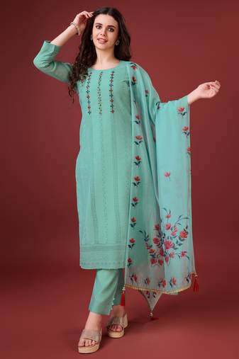  sea green chanderi silk bored schiffli embroidered chikankari kurta with pant & dupatta