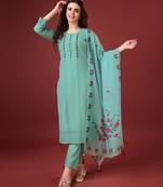  sea green chanderi silk bored schiffli embroidered chikankari kurta with pant & dupatta