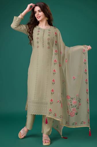  bronze chanderi silk bored schiffli embroidered chikankari kurta with pant & dupatta
