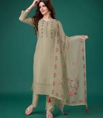  bronze chanderi silk bored schiffli embroidered chikankari kurta with pant & dupatta