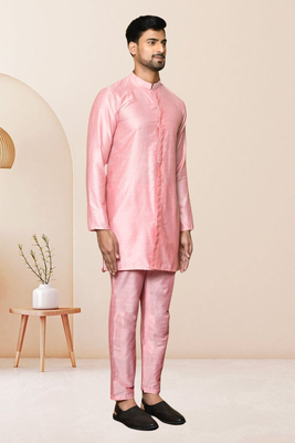 Pink art dupion silk kurta pajama for men's 3