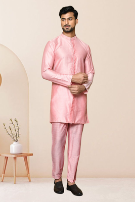 Pink art dupion silk kurta pajama for men's 4