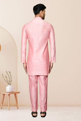 Pink art dupion silk kurta pajama for men's 5