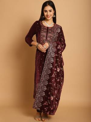 maroon velvet embroidered dress material 1