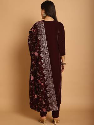 maroon velvet embroidered dress material 2