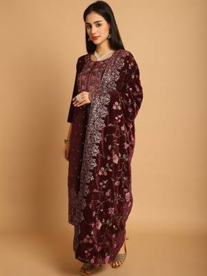 maroon velvet embroidered dress material 3