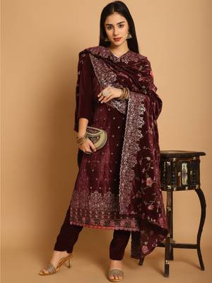 maroon velvet embroidered dress material 5