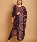 wine velvet embroidered dress material