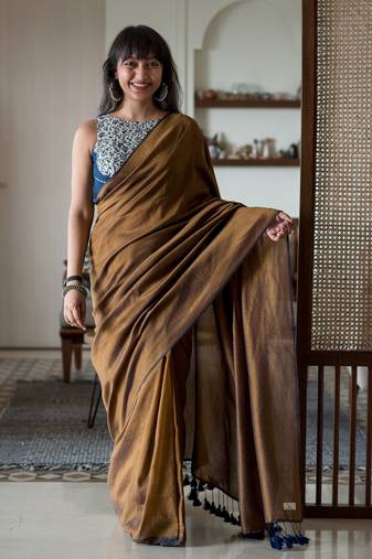 Suta brown solid cotton blend solid woven saree