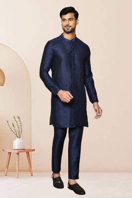 Blue art dupion silk kurta pajama for men's 1