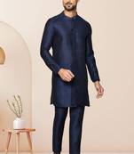 Blue art dupion silk kurta pajama for men's