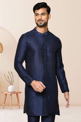 Blue art dupion silk kurta pajama for men's 2