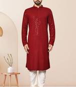 Maroon kurta: rayon embroidery thread full sleeve set for  men