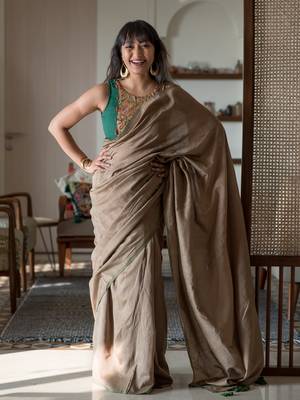 Suta Taupe Solid Cotton Blend Solid Woven Saree Without Blouse 1