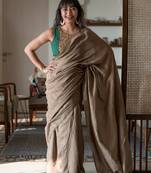 Suta Taupe Solid Cotton Blend Solid Woven Saree Without Blouse