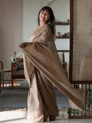 Suta Taupe Solid Cotton Blend Solid Woven Saree Without Blouse 2