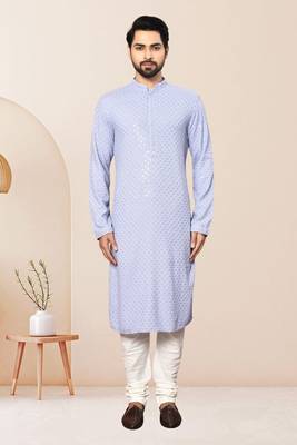 Purple kurta: rayon embroidery thread full sleeve set for men 1