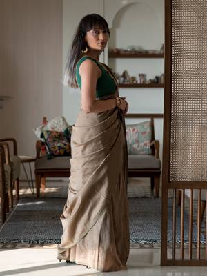 Suta Taupe Solid Cotton Blend Solid Woven Saree Without Blouse 3