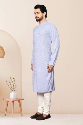 Purple kurta: rayon embroidery thread full sleeve set for men 3