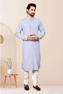 Purple kurta: rayon embroidery thread full sleeve set for men 4