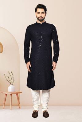Blue kurta: rayon embroidery thread full sleeve set for men 1
