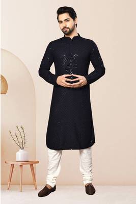 Blue kurta: rayon embroidery thread full sleeve set for men 2