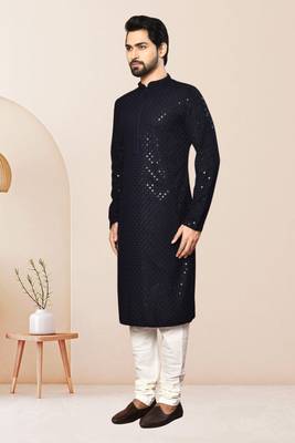 Blue kurta: rayon embroidery thread full sleeve set for men 3