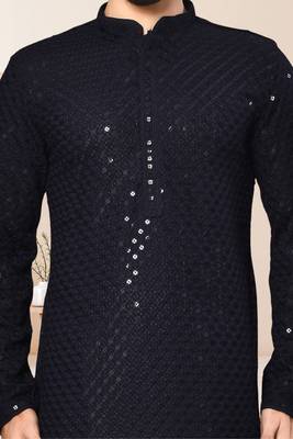 Blue kurta: rayon embroidery thread full sleeve set for men 4