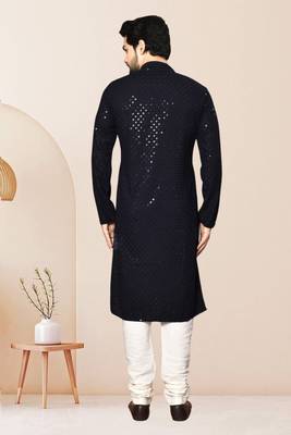 Blue kurta: rayon embroidery thread full sleeve set for men 5