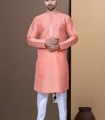 Orange art dupion silk kurta pajama for men's