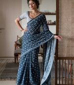 Ocean Blue Abstract Printed Cotton Saree for Occasions