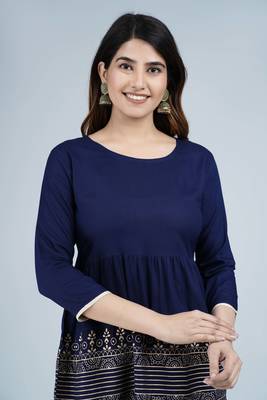 Blue foil printed rayon flared style short kurti 2