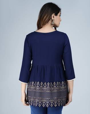 Blue foil printed rayon flared style short kurti 3